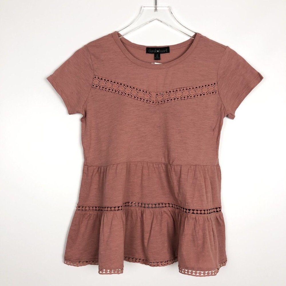 Derek Heart V-Neck Lace Inset Tiered Peasant Blouse Peplum Babydoll Pink